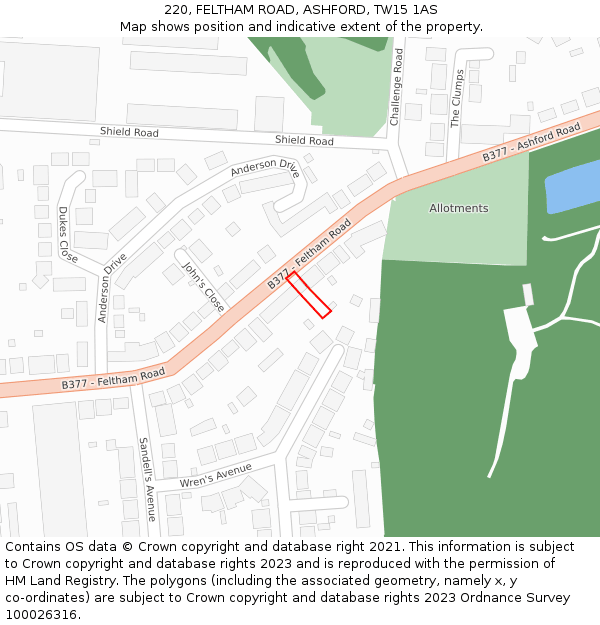 220, FELTHAM ROAD, ASHFORD, TW15 1AS: Location map and indicative extent of plot
