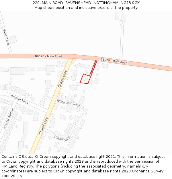 220, MAIN ROAD, RAVENSHEAD, NOTTINGHAM, NG15 9GX: Location map and indicative extent of plot