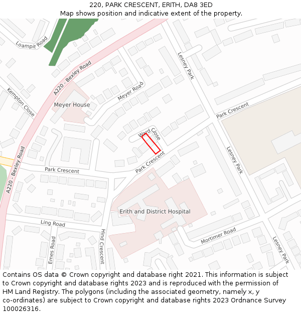 220, PARK CRESCENT, ERITH, DA8 3ED: Location map and indicative extent of plot