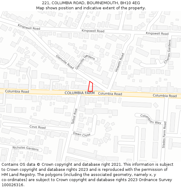 221, COLUMBIA ROAD, BOURNEMOUTH, BH10 4EG: Location map and indicative extent of plot