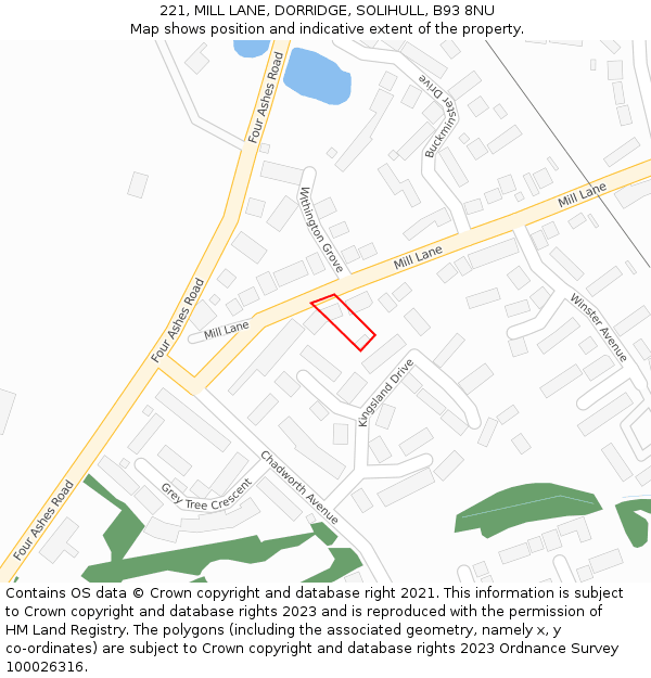 221, MILL LANE, DORRIDGE, SOLIHULL, B93 8NU: Location map and indicative extent of plot