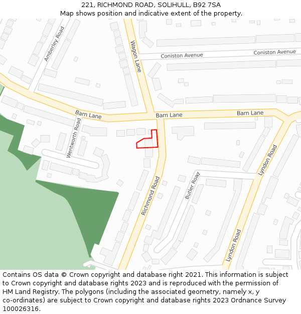 221, RICHMOND ROAD, SOLIHULL, B92 7SA: Location map and indicative extent of plot