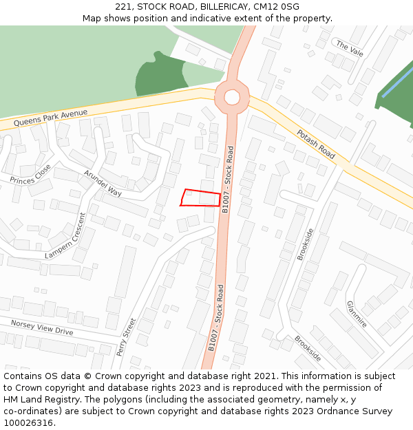 221, STOCK ROAD, BILLERICAY, CM12 0SG: Location map and indicative extent of plot
