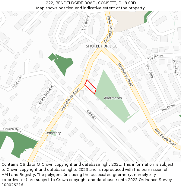 222, BENFIELDSIDE ROAD, CONSETT, DH8 0RD: Location map and indicative extent of plot