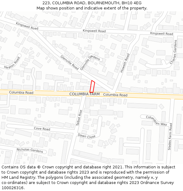 223, COLUMBIA ROAD, BOURNEMOUTH, BH10 4EG: Location map and indicative extent of plot