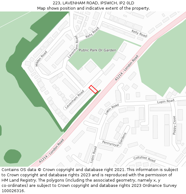 223, LAVENHAM ROAD, IPSWICH, IP2 0LD: Location map and indicative extent of plot