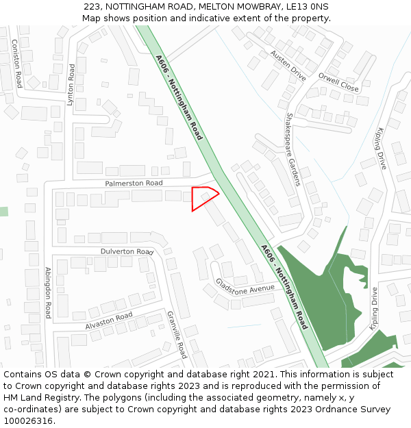 223, NOTTINGHAM ROAD, MELTON MOWBRAY, LE13 0NS: Location map and indicative extent of plot