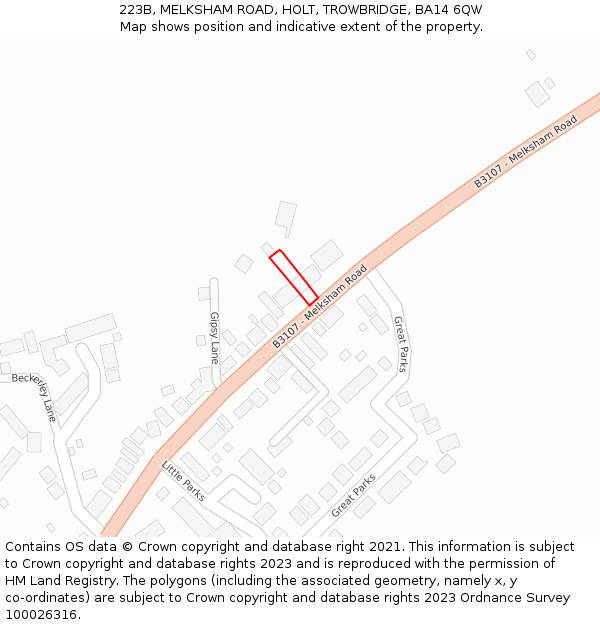 223B, MELKSHAM ROAD, HOLT, TROWBRIDGE, BA14 6QW: Location map and indicative extent of plot