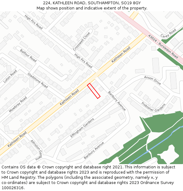 224, KATHLEEN ROAD, SOUTHAMPTON, SO19 8GY: Location map and indicative extent of plot