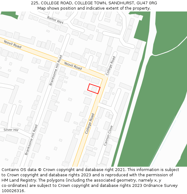 225, COLLEGE ROAD, COLLEGE TOWN, SANDHURST, GU47 0RG: Location map and indicative extent of plot