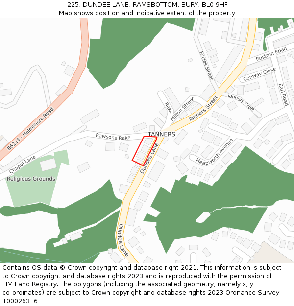 225, DUNDEE LANE, RAMSBOTTOM, BURY, BL0 9HF: Location map and indicative extent of plot