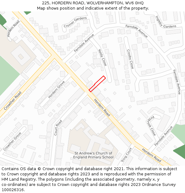 225, HORDERN ROAD, WOLVERHAMPTON, WV6 0HQ: Location map and indicative extent of plot