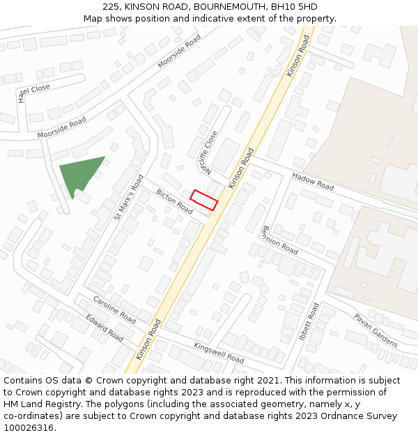 225, KINSON ROAD, BOURNEMOUTH, BH10 5HD: Location map and indicative extent of plot