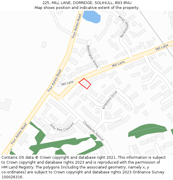 225, MILL LANE, DORRIDGE, SOLIHULL, B93 8NU: Location map and indicative extent of plot