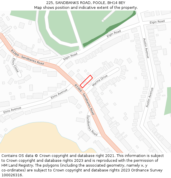 225, SANDBANKS ROAD, POOLE, BH14 8EY: Location map and indicative extent of plot
