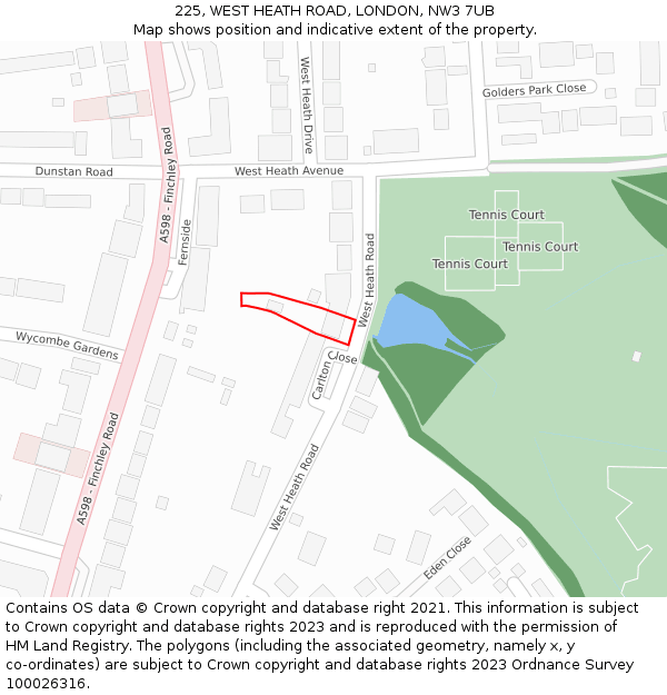 225, WEST HEATH ROAD, LONDON, NW3 7UB: Location map and indicative extent of plot