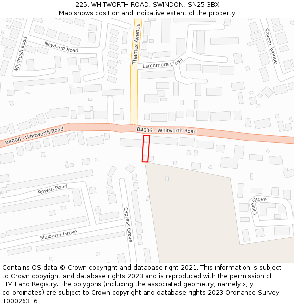 225, WHITWORTH ROAD, SWINDON, SN25 3BX: Location map and indicative extent of plot