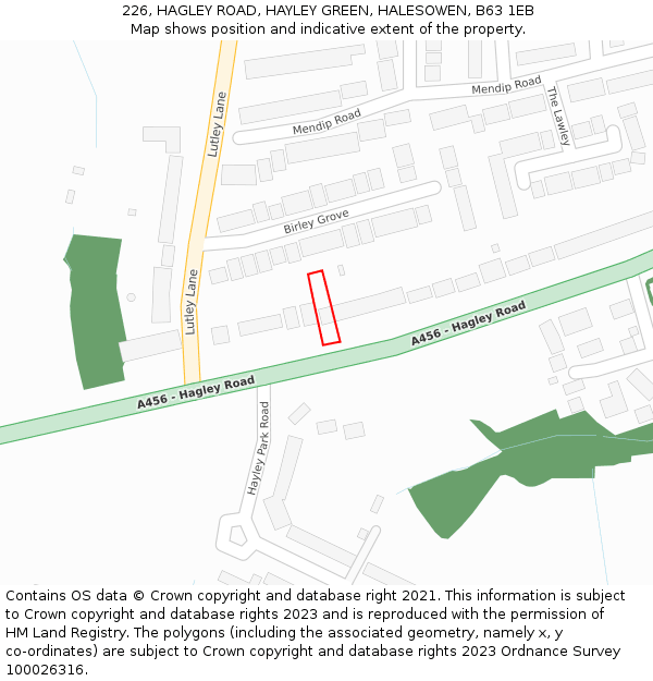 226, HAGLEY ROAD, HAYLEY GREEN, HALESOWEN, B63 1EB: Location map and indicative extent of plot