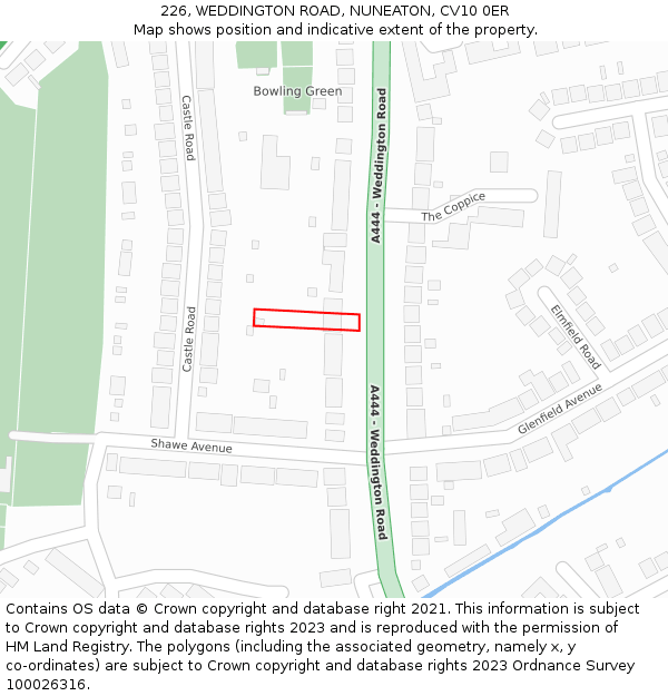 226, WEDDINGTON ROAD, NUNEATON, CV10 0ER: Location map and indicative extent of plot