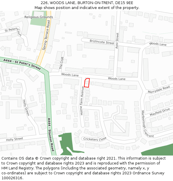 226, WOODS LANE, BURTON-ON-TRENT, DE15 9EE: Location map and indicative extent of plot