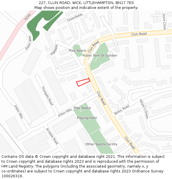 227, CLUN ROAD, WICK, LITTLEHAMPTON, BN17 7ES: Location map and indicative extent of plot