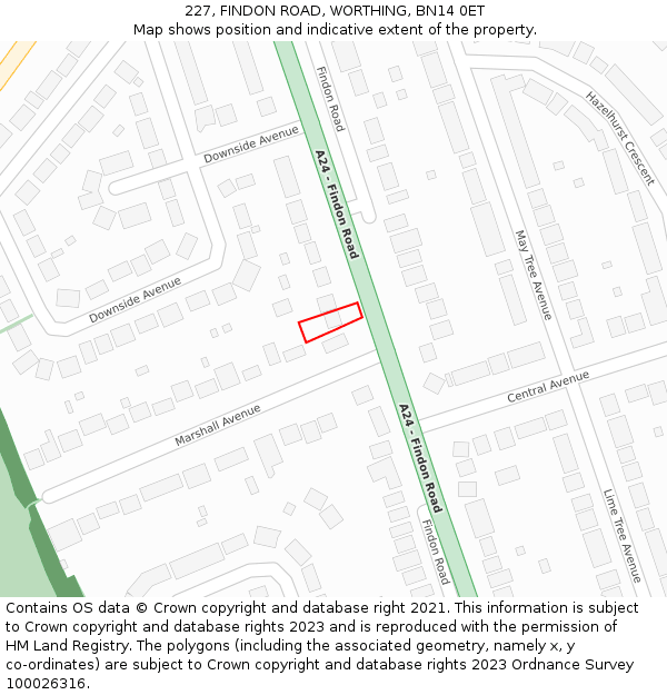 227, FINDON ROAD, WORTHING, BN14 0ET: Location map and indicative extent of plot