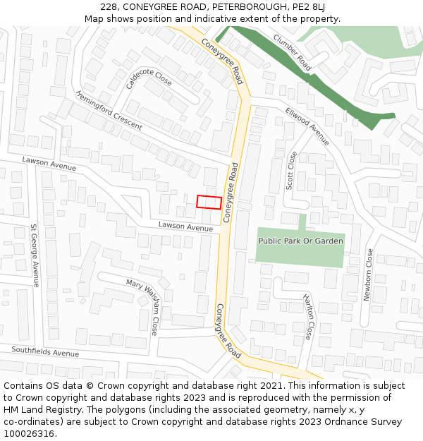 228, CONEYGREE ROAD, PETERBOROUGH, PE2 8LJ: Location map and indicative extent of plot