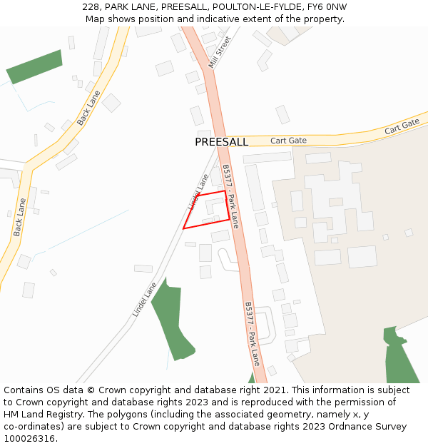 228, PARK LANE, PREESALL, POULTON-LE-FYLDE, FY6 0NW: Location map and indicative extent of plot