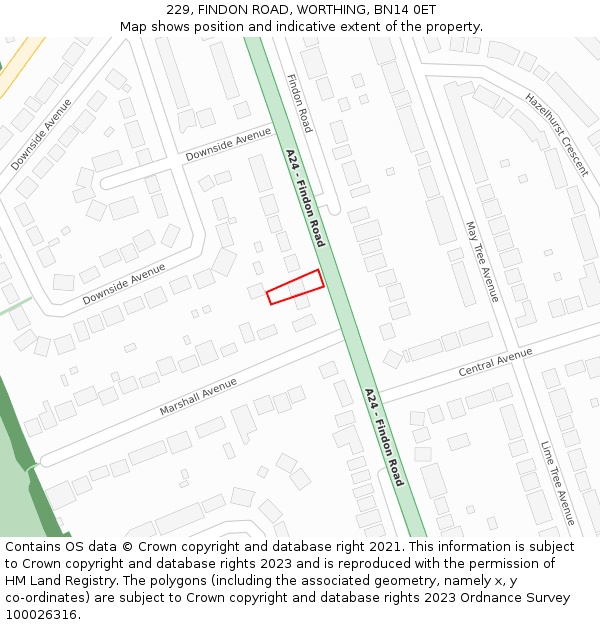 229, FINDON ROAD, WORTHING, BN14 0ET: Location map and indicative extent of plot