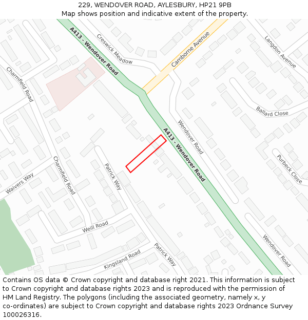 229, WENDOVER ROAD, AYLESBURY, HP21 9PB: Location map and indicative extent of plot