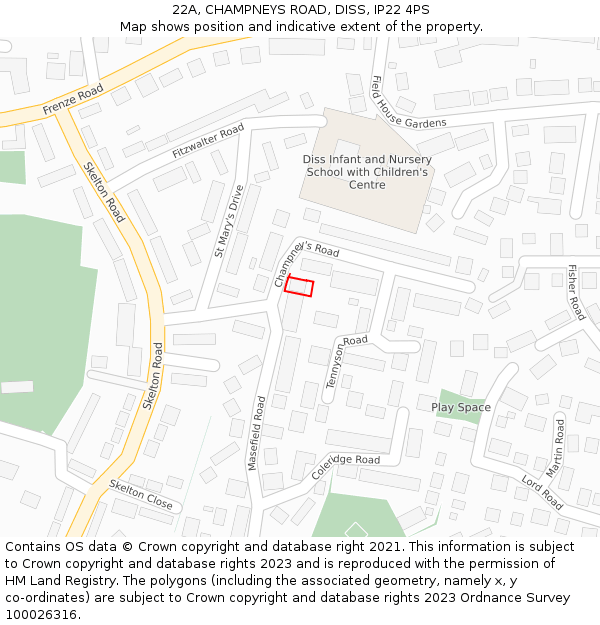 22A, CHAMPNEYS ROAD, DISS, IP22 4PS: Location map and indicative extent of plot