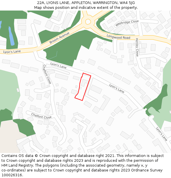 22A, LYONS LANE, APPLETON, WARRINGTON, WA4 5JG: Location map and indicative extent of plot