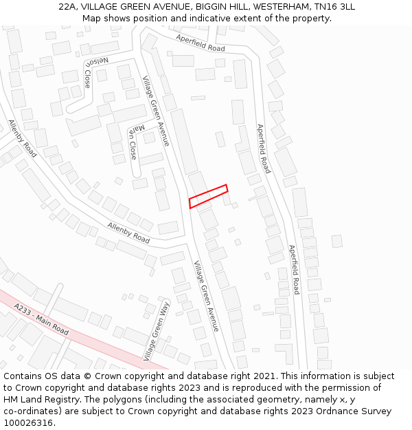 22A, VILLAGE GREEN AVENUE, BIGGIN HILL, WESTERHAM, TN16 3LL: Location map and indicative extent of plot