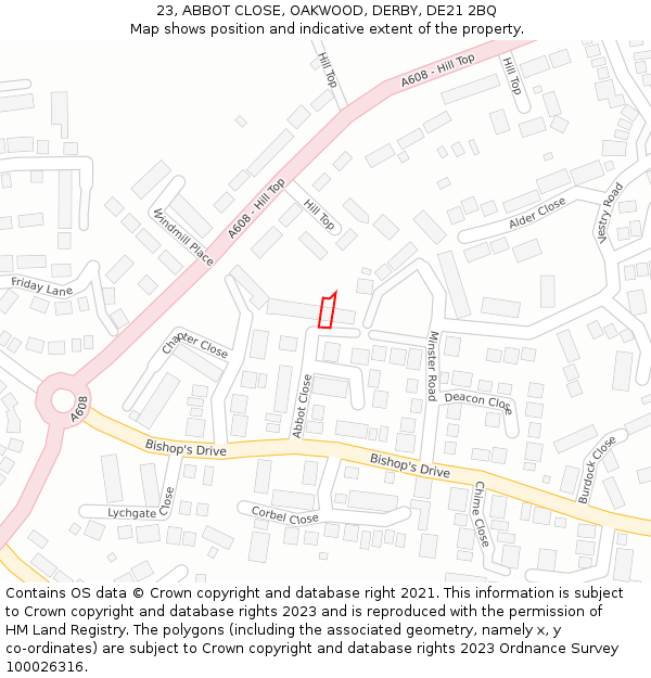 23, ABBOT CLOSE, OAKWOOD, DERBY, DE21 2BQ: Location map and indicative extent of plot