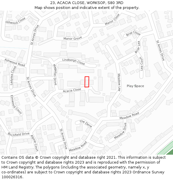 23, ACACIA CLOSE, WORKSOP, S80 3RD: Location map and indicative extent of plot
