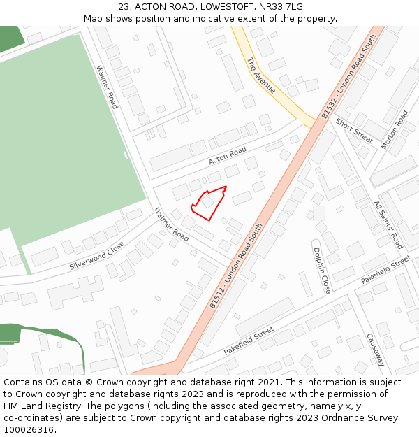 23, ACTON ROAD, LOWESTOFT, NR33 7LG: Location map and indicative extent of plot