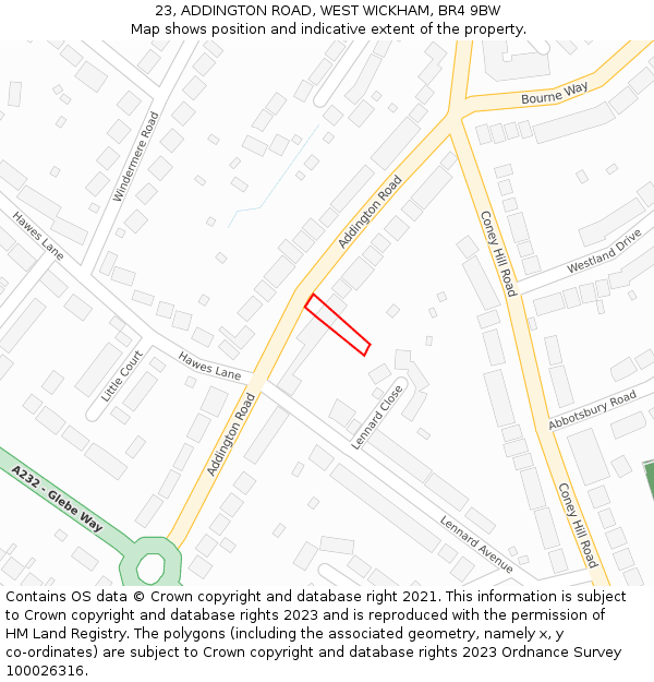 23, ADDINGTON ROAD, WEST WICKHAM, BR4 9BW: Location map and indicative extent of plot