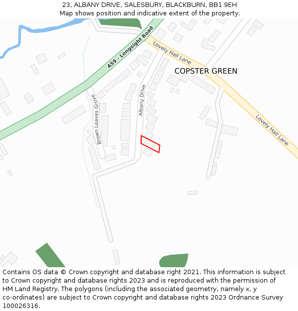 23, ALBANY DRIVE, SALESBURY, BLACKBURN, BB1 9EH: Location map and indicative extent of plot