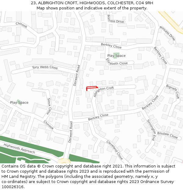 23, ALBRIGHTON CROFT, HIGHWOODS, COLCHESTER, CO4 9RH: Location map and indicative extent of plot