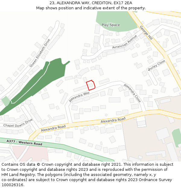 23, ALEXANDRA WAY, CREDITON, EX17 2EA: Location map and indicative extent of plot