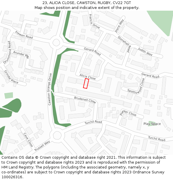 23, ALICIA CLOSE, CAWSTON, RUGBY, CV22 7GT: Location map and indicative extent of plot