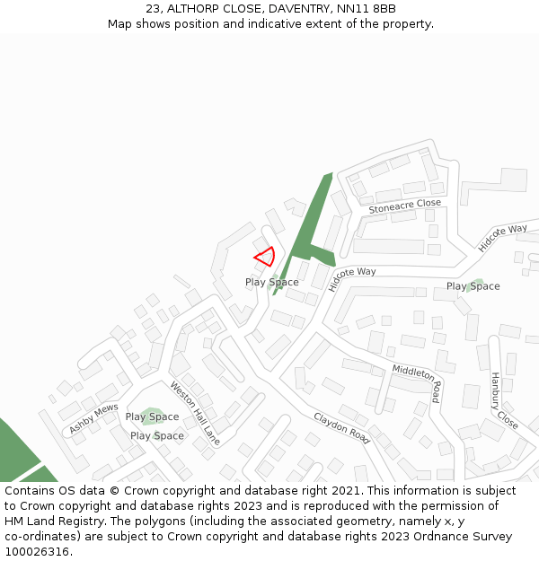 23, ALTHORP CLOSE, DAVENTRY, NN11 8BB: Location map and indicative extent of plot