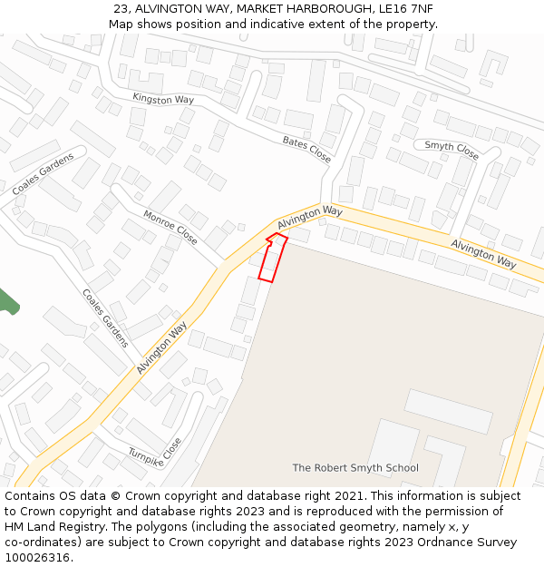 23, ALVINGTON WAY, MARKET HARBOROUGH, LE16 7NF: Location map and indicative extent of plot