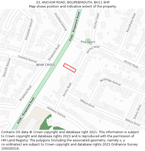 23, ANCHOR ROAD, BOURNEMOUTH, BH11 9HP: Location map and indicative extent of plot