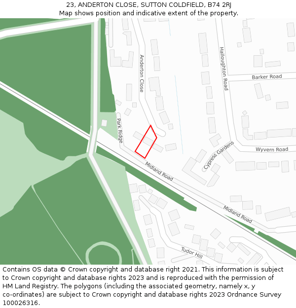 23, ANDERTON CLOSE, SUTTON COLDFIELD, B74 2RJ: Location map and indicative extent of plot
