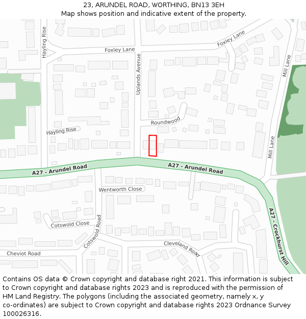 23, ARUNDEL ROAD, WORTHING, BN13 3EH: Location map and indicative extent of plot