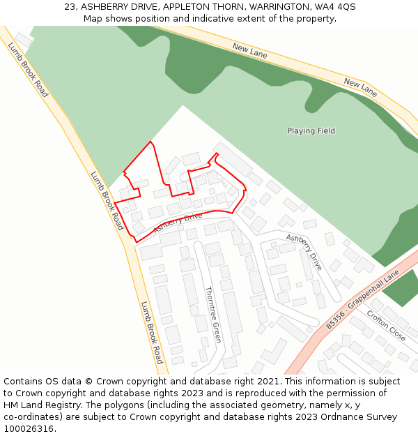 23, ASHBERRY DRIVE, APPLETON THORN, WARRINGTON, WA4 4QS: Location map and indicative extent of plot