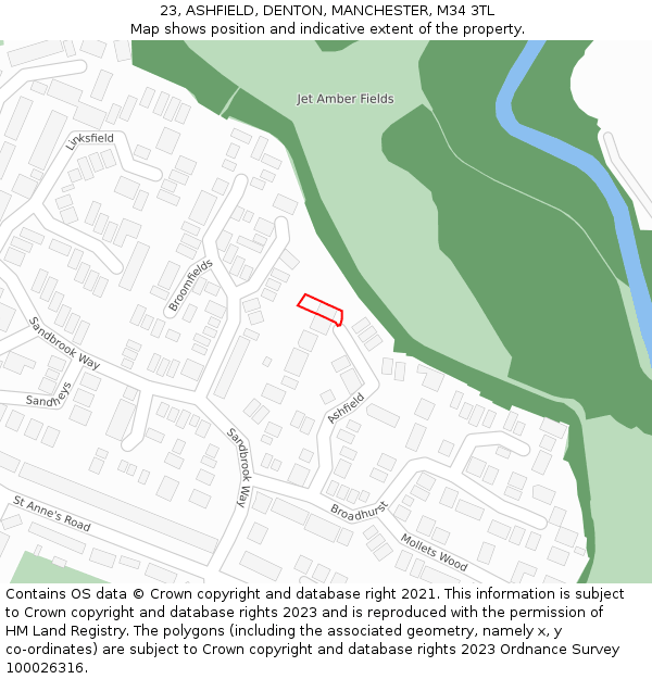 23, ASHFIELD, DENTON, MANCHESTER, M34 3TL: Location map and indicative extent of plot