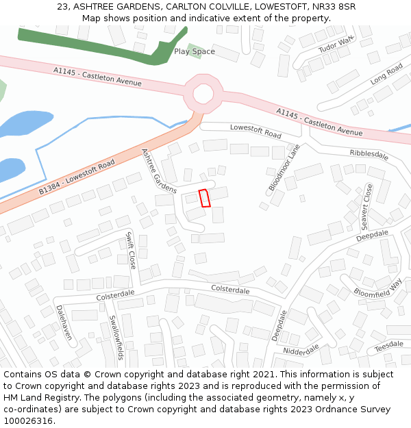 23, ASHTREE GARDENS, CARLTON COLVILLE, LOWESTOFT, NR33 8SR: Location map and indicative extent of plot