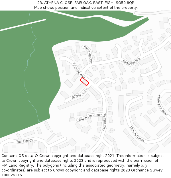 23, ATHENA CLOSE, FAIR OAK, EASTLEIGH, SO50 8QP: Location map and indicative extent of plot